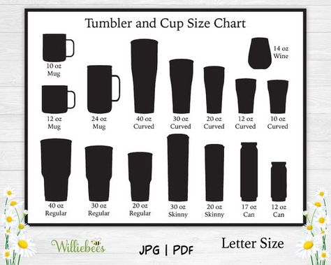 Tumbler Cup Size Clipart CHART, Tumbler List, Cup Sizes, Wine Tumbler, Skinny Slim, NOT TE #sublimationdesigns #tumblerdesigns #vinyldesigns #sublimationideas #tumblerwraps #svg Tumbler Cup Sizing Chart, Cup Decal Size Chart, Cricut Tumbler Size Chart, Tumbler Vinyl Size Chart, Decal Sizing For Tumblers, Tumbler Size Chart, Mug Size Chart, Cup Size Chart, Bling Bottles