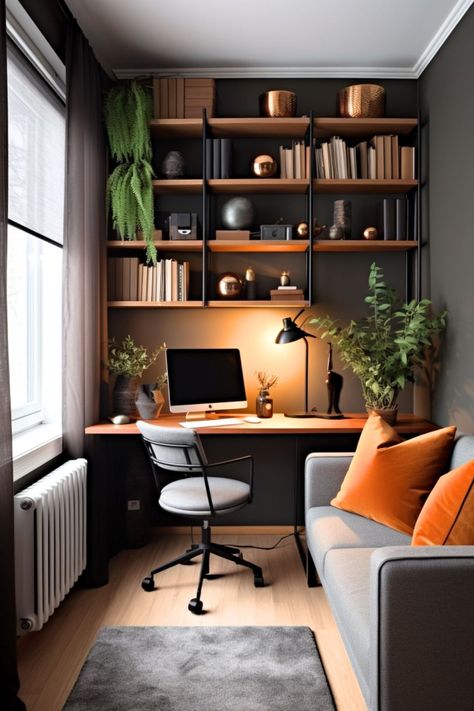 Co Office Workspaces, Grey And Brown Office Ideas, Hide Away Office Ideas, Creative Office Storage, Basement Home Office Ideas Masculine, Wall Art Home Office, Home Office Academia, Half Nursery Half Office, Men’s Office Space