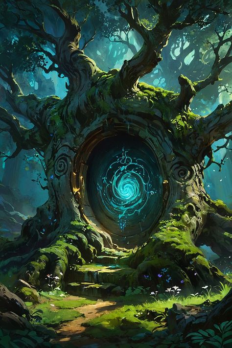 🌳💫 A portal to another world lies hidden within the ancient tree. What adventures await those who dare to step through? #fantasyart #portal #magic #mystery Fantasy Portals Concept Art, Ancient Tree Art, Dark Portal Aesthetic, Nature Nether Portal, Magical Tree Aesthetic, Fantasy Portal Aesthetic, Portal Painting Ideas, Portal Isekai, D&d Inspiration