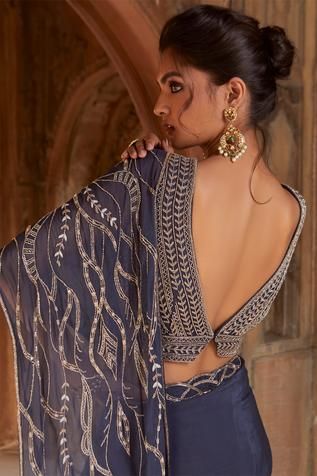 Shop for Charu and Vasundhara Blue Pre-draped Saree With Blouse for Women Online at Aza Fashions Cocktail Blouse Designs, Sleeveless Blouse Designs, Asian Clothes, Draped Saree, Blouse Ideas, Fashionable Saree Blouse Designs, New Saree Blouse Designs, Backless Blouse Designs, Drape Saree