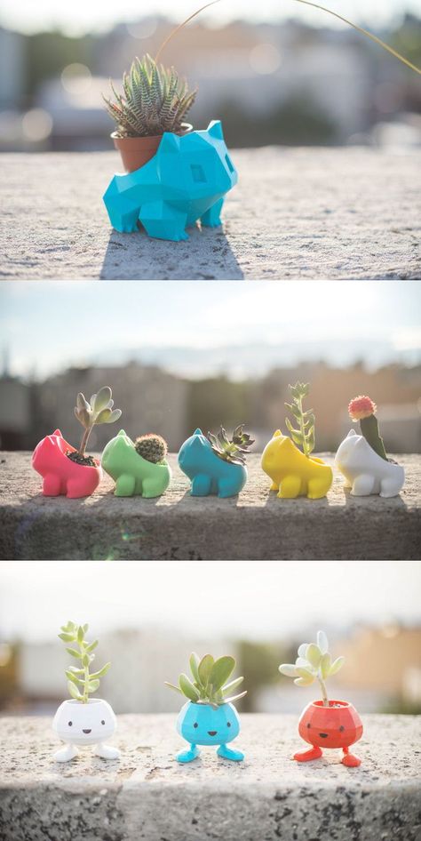 Bulbasaur planters by Anqi Chen | Pokemon | 3D printing | home decor | plant life | creative planters | kids room ideas Pokemon Planter, Creative Planters, Bulbasaur Planter, 3d Tiskárna, 3d Printer Pen, Drukarka 3d, Creative Planter, 3d Printing Art, 3d Printer Designs