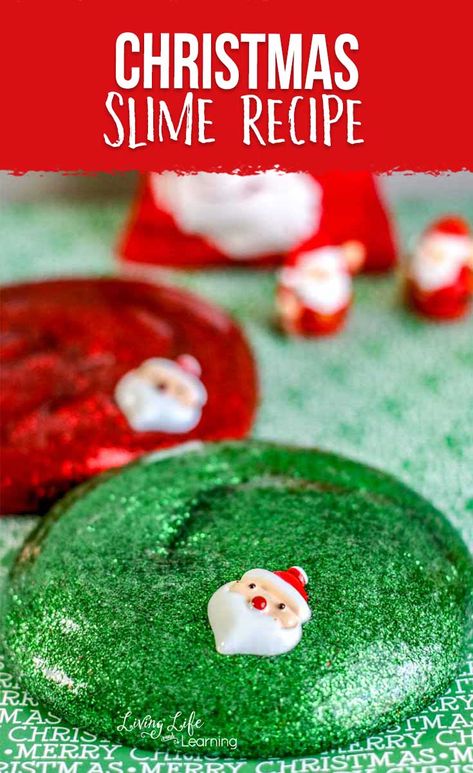 Need an activity to distract the kids before Christmas? Our Christmas slime recipe is sure to entertain and occupy your kids, and it's so easy to make! #slime #slimerecipe #Christmas #messyplay #science #livinglifeandlearning