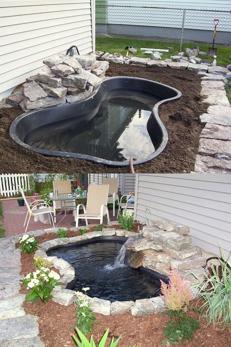 Diy Pond Ideas, Small Backyard Ponds, Patio Water Feature, Diy Ponds Backyard, Garden Pond Design, Diy Pond, Pond Ideas, Small Patio Garden, Backyard Water Feature