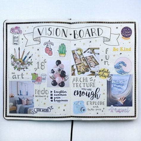 Vision Board Ideas Notebook, Vision Board Design Creative, Scrapbooking Vision Board, Vision Board Ideas Journals, Dream Boards Ideas Layout, Visual Vision Board, Vision Board Art Project, Doodle Vision Board, Art Vision Board Ideas