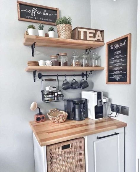 Neutral With A Pop Of Color, Rustic Boho Interior Design, Koffie Stations, Coffee Bar Ideas Kitchen Counter, Coffee Bar Station, Coffee Bar Design, Home Coffee Bar, Coffee Bars In Kitchen, Home Coffee Stations