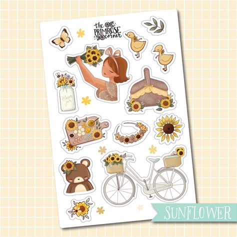 1 | 4 x 6in sheet of the Sunflower themed Artwork collection! These are beautiful journaling and or planning stickers as pictured! Featuring sunflowers, charcuterie boards, picnic baskets, duckling and more. These are made on a beautiful matte translucent paper (it's a very similar feel to washi tape!). Perfect for journaling and layering/collaging. Stickers are printed on our Premium Matte Washi sticker paper.Step into the enchanting world of The Primrose Corner, the newest addition to our shop Sunflower Picnic, Picnic Baskets, Creative Soul, Planning Stickers, The Sunflower, Charcuterie Boards, Drawing Inspiration, Washi Tape, Love Her