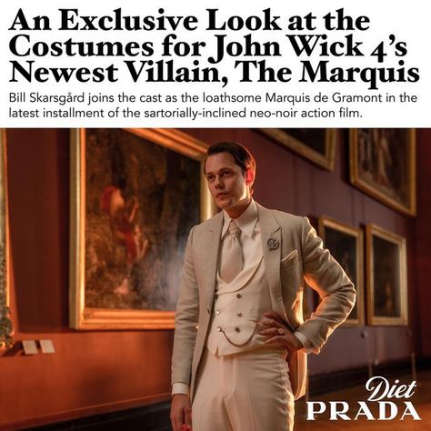 Diet Prada ™ on Instagram: "#LionsgatePartner • Who says @johnwickmovie isn’t a fashion movie? From the titular character’s sleek single breasted suits, to the louche silk robes of The Bowery King, the characters of the hit franchise have style in spades—all while getting down and dirty in glamorous locations and grimey subway stations across the globe. For the latest installment, John Wick: Chapter 4 introduces us to its most loathsome character yet: The Marquis de Gramont. As an emissary of T John Wick Chapter 4, John Wick 4, Alfie Allen, Hemlock Grove, Atomic Blonde, Bill Skarsgård, The Black Cat, Bill Skarsgard, Cute Little Puppies