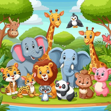 Group of happy animals cartoon in the ju... | Premium Vector #Freepik #vector #animal-background #safari #zoo #jungle-safari Safari Animal Illustration, Cute Jungle Animals Illustration, Cartoon Jungle Background, Jungle Animals Illustration, Jungle Animals Cartoon, Animals In Jungle, Safari Background, Zoo Clipart, Animals Group