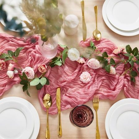 Features: The table runners are made of cotton cheesecloth with wrinkle. Its soft, simple and beautiful. It's elegant and rustic. Perfect for indoor/ outdoor wedding reception, bridal shower, party, holiday, picnic, table decor or other special occasions. Specifications: Material: Cheesecloth Size: 70" x 35.5"5.9FT Long) 118" x 35.5"(9.8 Ft Long) Package included: 1 X Table Runners Size: 118" x 35.5".  Color: Pink. Bridal Party Decor, Elegant Farmhouse Decor, Rustic Wedding Arch, Pink Table Decorations, Boho Rustic Wedding, Rustic Table Runner, Food Display Table, Fiesta Table, Gauze Table Runner