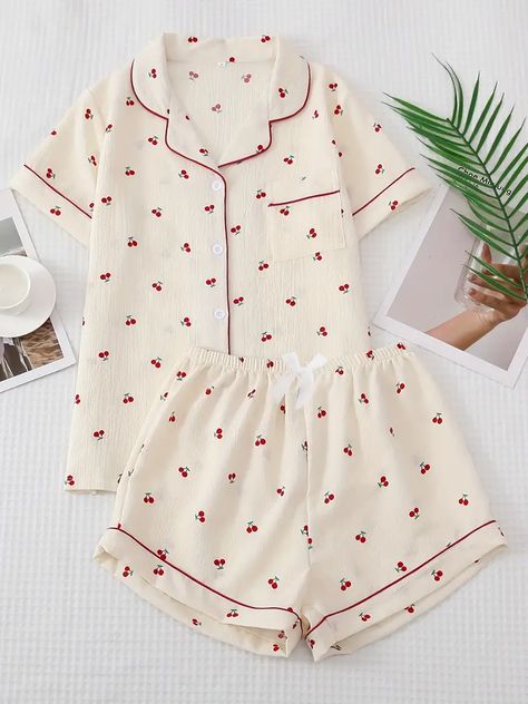 Cherry Print Pajama Set, Sweet & Cute Lapel Buttons Top And Bow Shorts, Women's Sleepwear & Loungewear, y2k pjs, affiliate Big Sleepover, Pijama Soft, Cute Pjs For Women, Cute Pajama Outfits, Cute Loungewear, School Ootd, Pajamas Aesthetic, Pijamas Women