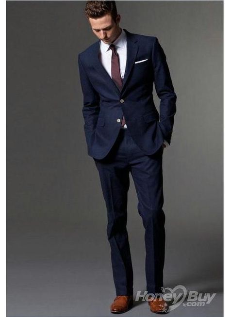 This is very similar to the style I want my husband and the groomsmen to wear. I want a navy suit that is as close as possible to the midnight color of the bridesmaids dresses with an orchid tie; the groomsmen and bridesmaids would match. However, to distinguish my husband, I would want a patterned tie or a midnight colored tie for him. Men Attire, Wool Suit Men, Don Pedro, Dark Blue Suit, Costume Bleu, Mode Costume, Suit For Men, Navy Blue Suit, Reference Image