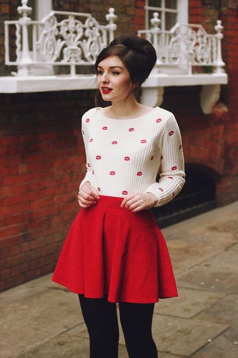 Shop this look on Lookastic:  http://lookastic.com/women/looks/white-and-red-print-crew-neck-sweater-red-skater-skirt-black-wool-tights/7527  — White and Red Print Crew-neck Sweater  — Red Skater Skirt  — Black Wool Tights Zooey Deschanel, Red Skirt Outfits, Skater Skirt Outfit, Red Skater Skirt, Wool Tights, Model Citizen, Black Skater Skirts, Red Skirt, Valentines Outfits