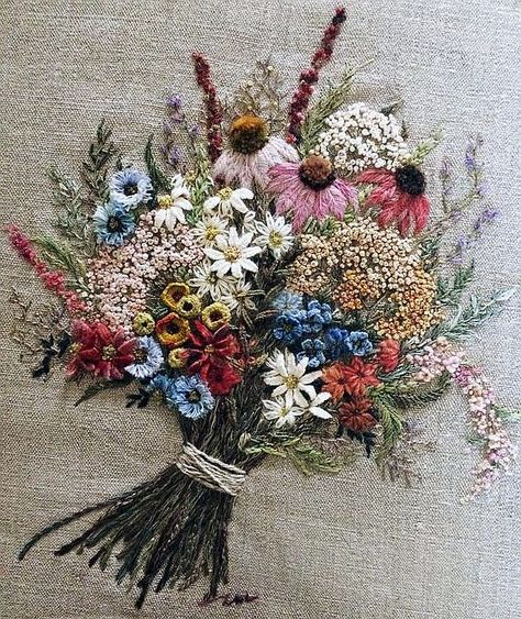 Colorful Floral Embroidery Silk Ribbon Embroidery, Brazilian Embroidery, Crewel Embroidery, Embroidered Bouquet, Sculpture Textile, Broderie Simple, Crewel Embroidery Kits, 자수 디자인, Embroidery Supplies
