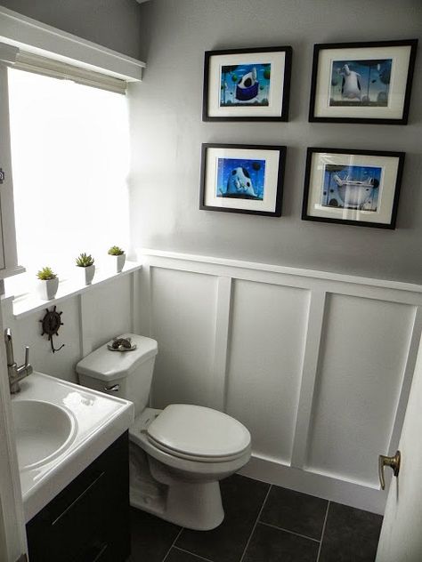 row of small plants along bath window.  Can use white bowls w/dried tightly packed grasses/flowers Wainscoting Bathroom, Downstairs Bathroom, Half Bathroom, Main Bathroom, Bathroom Redo, Bath Room, Bathroom Renos, Traditional Bathroom, Bath Remodel