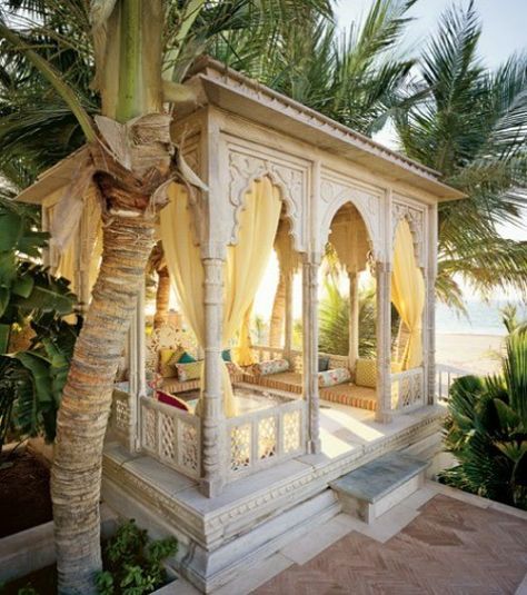 Outdoor Living Pavilion Bedroom Moroccan Style, Moroccan Inspired Bathroom, Poolside Cabana, Style Marocain, Moroccan Theme, Cozy Backyard, Backyard Gazebo, التصميم الخارجي للمنزل, Fall Outdoor Decor