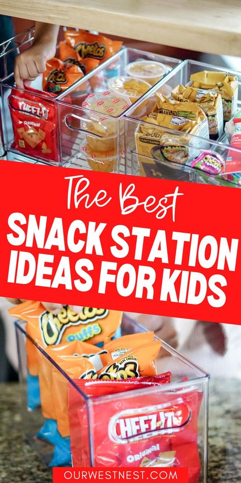 Here's how to make a DIY snack station for kids! I share the best snack organization ideas to create a snack station for pantries, small spaces, and even in a snack cart that you can put in your basement or playroom. You'll find the best snack organizer products that are affordable and perfect to house all your snacks for kids and snacks for toddlers. Snack Counter Organization, Summer Snack Organization For Kids, Self Serve Snacks For Kids, Breakfast Station For Kids, Cereal Buffet Bar, Snack Station For Kids, Snack Station Kids, Office Snack Station Ideas, Montessori Snack Station