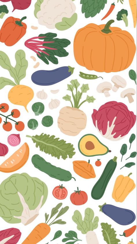 Fruits And Vegetables Wallpaper, Cartoon Fruit Wallpaper, Vegetable Background Design, Vegetable Background Wallpapers, Vegetable Illustration Design, Food Cartoon Wallpaper, Cartoon Food Wallpaper, Vegetable Mural, Veggie Wallpaper