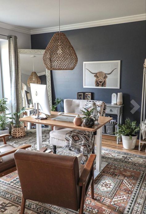 Office With Dark Floors, Western Office Inspiration, Spur Decor Ideas, Boho Western Office Ideas, Boho Professional Office Decor, Home Office Big Desk, Home Office Theme Ideas, Boho Western Office Decor, Home Office Western