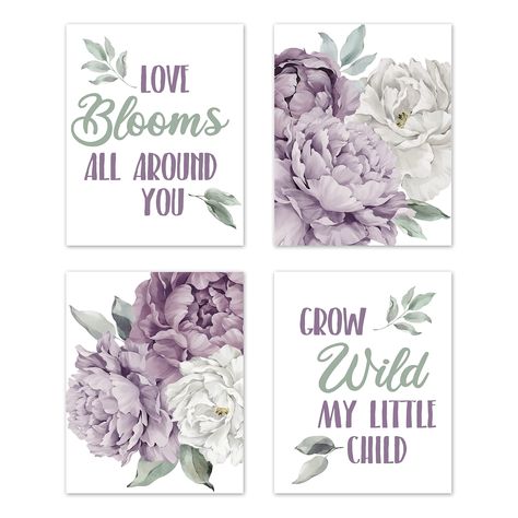 PRICES MAY VARY. 4 pc. Art Print Set - Each individual print measures 8in. x 10in Professionally printed on premium matte heavyweight paper with fade resistant ink Frames and mats not included Lavender Purple and Ivory Peony Floral Garden Collection Decorative wall art print set features lavender purple and ivory boho shabby chic watercolor floral bohemian vintage garden peony flowers with inspirational "Love Blooms All Around You" and "Grow Wild My Little Child" quotes. Four Piece Art Print Set Dusty Purple Nursery, Sage Purple, Garden Lavender, Lavender Nursery, Purple Nursery, Girls Wall Decor, Flower Bedroom, Lavender Garden, Garden Watercolor