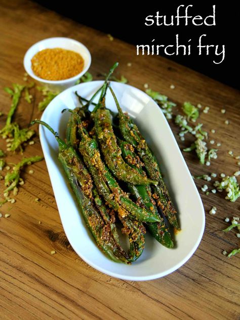 mirchi fry recipe | stuffed green chilli fry | bharwan mirchi fry recipe Chillies Recipes, Indian Pickle Recipe, Hebbar's Kitchen, English Stories, Chilli Recipes, Peanut Recipes, Veg Dishes, Indian Breakfast, Kitchen Recipe