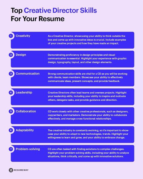 Skills for a Creative Director Resume Creative Director Career, Creative Director Resume, Director Resume, Create A Resume, Studio Branding, Vision Board Goals, Creative Careers, Resume Skills, Resume Tips