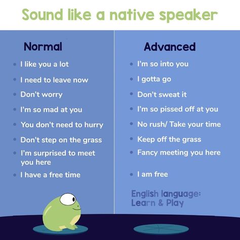 English language: Learn & Play on Instagram: “Don’t sweat it! Sounding like a native speaker is easier than you think ☀️ Swipe on the post to learn by examples ➡️👩‍🎓” Normal English Vs Native Speaker, Native Speaker English, Native Speaker, Native English, Spoken English, English Writing Skills, English Writing, Speaking English, Play To Learn