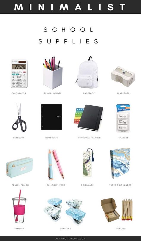 Minimalist School Supplies for College and High School. School essential packing list for girls and boys. Minimalist School Supplies, School Supplies For College, Supplies For College, Schul Survival Kits, High School Supplies, Middle School Supplies, Studie Hacks, 1000 Lifehacks, Back To University