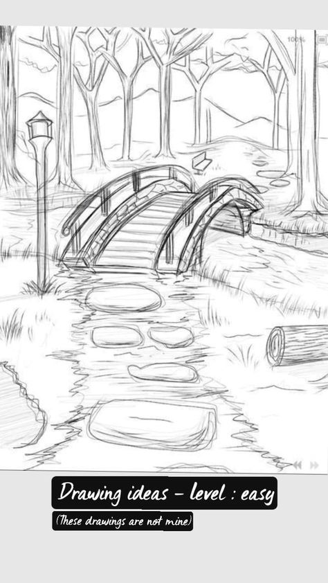 Easy Background Drawing Ideas, Opposite Drawings, Cottagecore Line Art, Cobblestone Drawing, Cute Scenery Drawing, River Drawing Simple, Outside Drawings, Foreground Drawing, Fun Things To Sketch