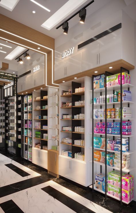 Andrew Adel on Behance Modern Pharmacy Design Ideas, Skincare Store Interior, Supplement Store Design, Medical Store Interior Design, Medical Shop Interior Design, Pharmacy Store Design Interiors, Pharmacy Interior Design, Store Counter Design, Pharmacy Ideas