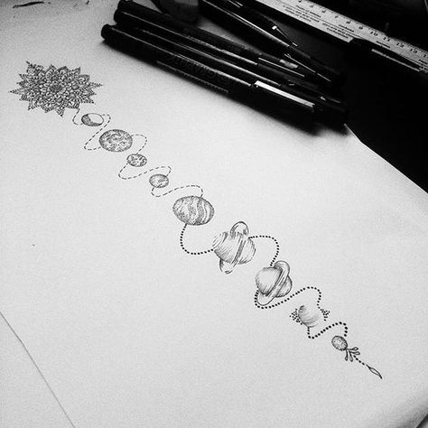 Solar system for Millie  #tattoodesign #dotwork #stippling                                                                                                                                                                                 More Font Tato, Tato Geometris, Pentagram Tattoo, Planet Tattoo, Tattoo Amor, Tattoo Script Fonts, Solar System Tattoo, Tattoo Foot, Kunst Tattoos