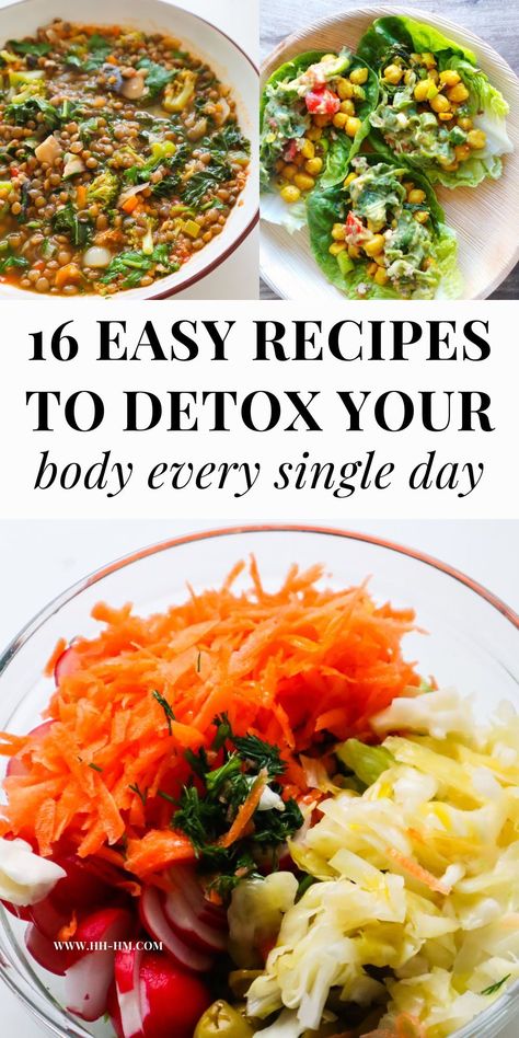 16 easy detox recipes to try! Reduce inflammation and enhance detoxification in your body with these simple detoxifying recipes including healthy smoothies, wraps, soups and salads! Meals For Detoxing, Body Cleanse Diet 7 Day, Healthy 30 Minute Dinners, Bloat Free Meals, Detox Salad Recipes Clean Eating, Full Body Cleanse Detox Recipes, Detox Foods Recipes, Fresh Food Recipes Clean Eating, Healthy Detox Meals