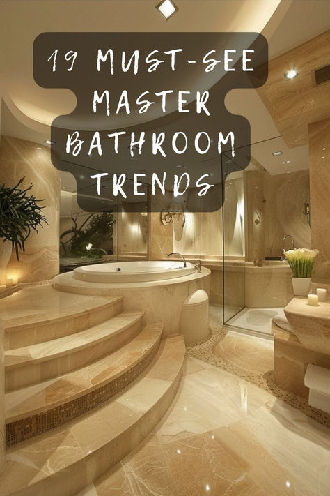 Looking to refresh your master bathroom? Check out the latest trends that will transform your space into a luxurious retreat. From sleek fixtures to bold tiles, these ideas will inspire your next renovation. Click to discover the top 19 master bathroom trends of the year! 🛁✨ #BathroomInspo #HomeRenovation #BathroomTrends #InteriorDesign #LuxuryBathroom Master Bath Remodel Mood Board, Steam Room In Bathroom, Modern Bathroom Decor Ideas Interior Design Master Bath, Roman Inspired Bathroom, Master Ideas Bathroom, Hotel Bathrooms Luxury, Master Bathrooms Remodel Ideas, Trending Bathroom Tile Ideas, Dramatic Master Bathrooms