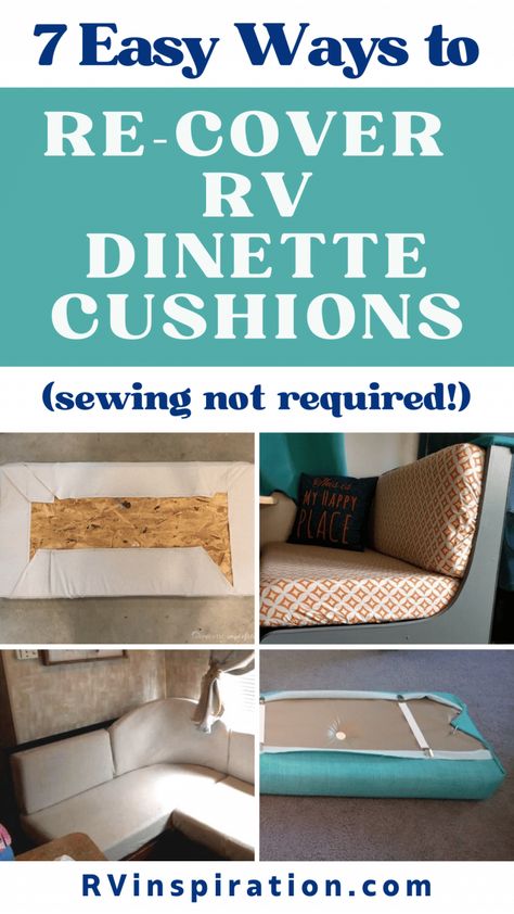 Ideas for covering, reupholstering, or replacing ugly, worn, or stained RV dinette booth cushion covers | rvinspiration.com Diy Rv Dinette, Rv Dinette Cushion Covers, Camper Table, Rv Dinette, Camper Cushions, Diy Cushion Covers, Dining Booth, Rv Furniture, Bench Seat Covers