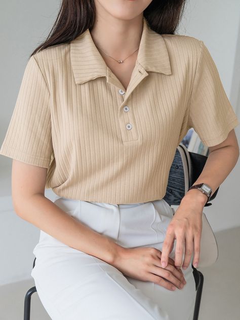 Apricot Casual Collar Short Sleeve Fabric Plain  Embellished Slight Stretch  Women Tops, Blouses & Tee Polo Outfits For Women, Polo Shirt Outfit Women's, Work Outfits Frauen, Polo Shirt Outfits, Polo Outfit, Shirt Outfit Women, Casual College Outfits, Korean Casual Outfits, Everyday Fashion Outfits