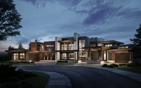 A modern interpretation of the west coast contemporary style, this expansive residence commands attention. Articulated with a strong stone base, the depth of the façade is accentuated by a variety of stucco colours and wood siding. Enhancing its contemporary expression, long horizontal rooflines balance the massing and anchor the formwork. Big Modern Houses, Big Mansions, Mansion Exterior, Luxury Houses Mansions, Mansion Designs, Modern Exterior House Designs, التصميم الخارجي للمنزل, Large House, Beautiful House Plans