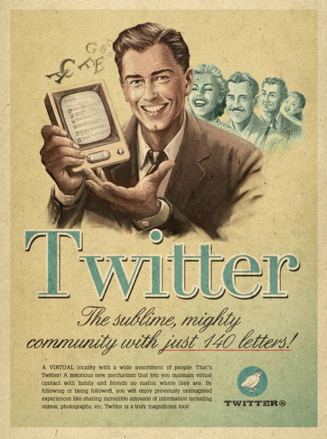 Vintage Advertisement of Modern Technology Iklan Vintage, Internet Ads, Futurisme Retro, Twitter Ads, Social Media Poster, Retro Ads, Social Media Ad, Propaganda Posters, Poster Retro