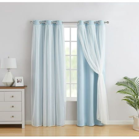 A modern double layered curtain on an exquisite textured light filtering triple woven fabric provides depth beauty and sophistication without breaking the bank. Premium charcoal colored metal grommets make for ease of installation on any curtain rod that is between 1 inch and 1.6 inches in diameter. Perfect for providing privacy to any room of your home, these window treatments have been carefully crafted by our world renowned home decorating team to blend in with any home decor theme. Easy to care for, this product is machine washable and dry able for long lasting use. Ready for use right out of the package. These window drapes are 84 inches long and will fit perfectly with most standard sized windows. light filtering and privacy capabilities along with anti draft, energy saving and therm Light Blue Rooms, Light Blue Curtains, Light Blue Bedroom, Blue Room Decor, Hotel Chic, Layered Curtains, Blue Curtains, Blue Rooms, Blue Bedroom