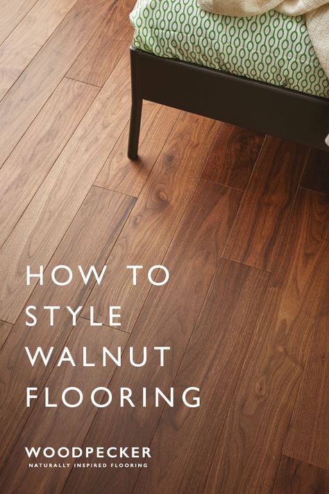 Walnut flooring is loved for its smooth chocolatey tones and warming appeal. Discover our favourite ways to style this floor in the home. Dark Oak Laminate Flooring, Rug On Walnut Floor, Walnut Floors White Walls, Wooden Floor Color Ideas, Bedroom With Walnut Floors, Walnut Lvp Flooring, Walnut Floors Bedroom, Mcm Hardwood Floors, Home Decor Dark Wood Floors