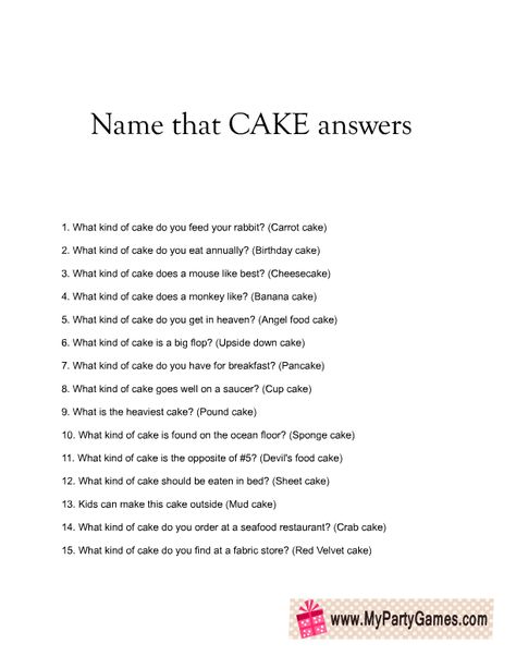 Name that Cake Bridal Shower Game Answer Sheet Name That Cake Game Answers, Name The Cake Game, Name That Cake Bridal Shower Game, Name That Cake Game, Virtual Bridal Shower Games, Bridal Shower Game Prizes, Bridal Shower Games Free Printables, Housewarming Party Games, Cake Bridal Shower