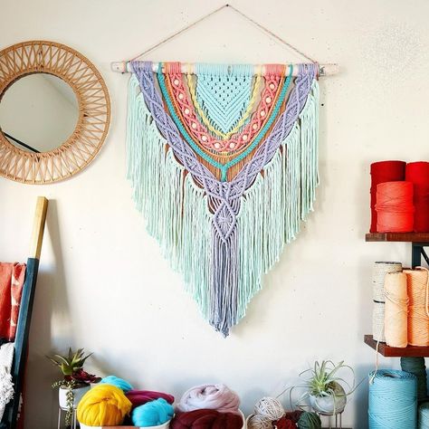 Macrame Colorful Wall Hangings, Macrame Beach Decor, Macrame Wall Hanging Multicolor, Sunset Macrame Wall Hanging, Macrame Wall Hanging Colorful, Colorful Macrame Wall Hangings, Pastel Under The Sea, Pastel Eclectic, Bohemian Headboard