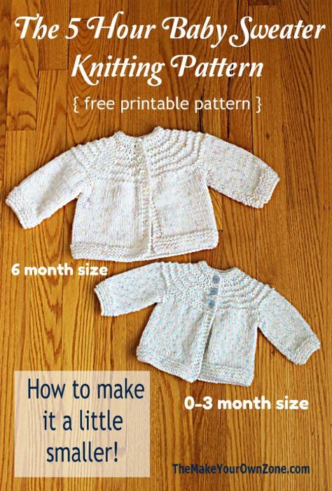 Free knitting pattern for a 5 hour baby sweater. Includes a simple adaptation to make it in a newborn size too! Stickbeskrivning Barn, Baby Knitting Patterns Free Newborn, Free Baby Sweater Knitting Patterns, Easy Baby Knitting Patterns, Baby Cardigan Knitting Pattern Free, Baby Cardigan Pattern, Baby Boy Knitting Patterns, Pull Bebe