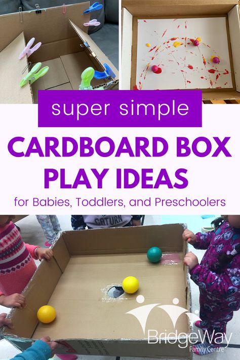 Cardboard box play ideas for babies, toddlers and preschoolers Cardboard Box Play Ideas, Theme Boxes For Preschool, Toddler Cardboard Box Activities, Preschool Box Activities, Cardbox Toys, Cardboard Box Games, Cardboard Activities For Toddlers, Box Play Ideas, Box Activities For Toddlers