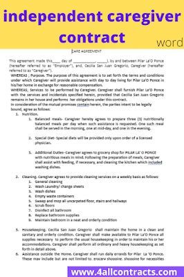 Contract of Employment for CaregiverDownload this sample templte of independent caregiver contract or agreement in word doc format.Extract of this caregiver agreementThis agreement made this____ day of ___________, _____), by and between Pilar La’O Ponce (hereafter referred to as “Employer”), and, Cecilia San Juan Gregorio, Caregiver (hereafter referred to as “Caregiver”). WHEREAS ; Purpose. The purpose of this agreement is to set forth the terms and conditions under which Caregiver wi San Juan, Caregiver Agreement Contract, Sample Home Health Care Contract Form Template, Independent Caregiver Contract, Business Partnership Agreement, Elderly Home Care, Room Rental Agreement, Employment Form, Elderly Caregiver