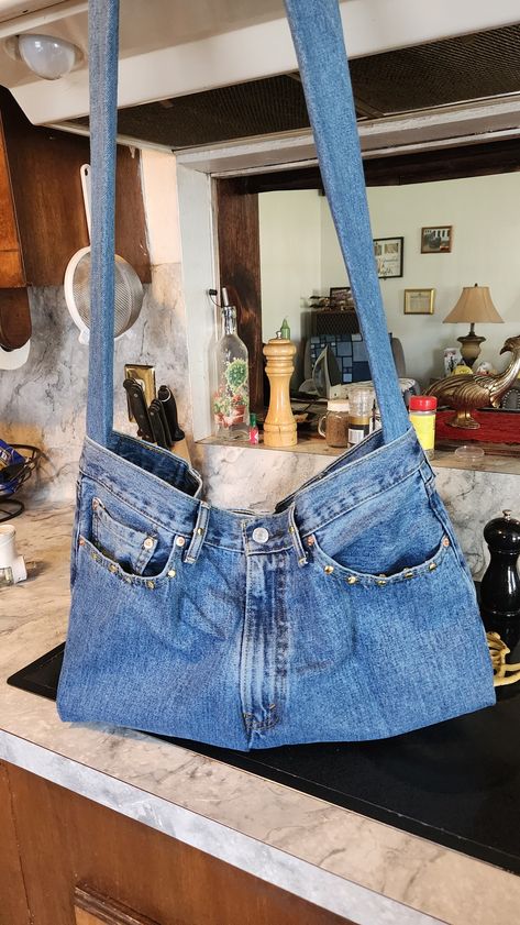 Large Blue Jean bag. Can be used multiples ways . It's the right size for the ladies who like larger purses or needs to pack a quick overnight bag. Has a magnetic snap and long comfortable strap. Blue Jean Purses, Jean Bag, Jean Purses, Jean Purse, Denim Projects, Large Purses, Jeans Bag, Overnight Bag, Purse Bag