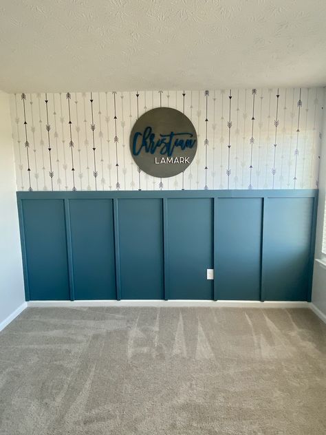 Wainscoting Accent Wall Nursery, Batten Board And Wallpaper Bedroom, Nursery Wall Accent Ideas, Nursery Wall Board And Batten, Board And Batten Toddler Boy Room, Boarded Walls Bedrooms, Wood Panel Wall Nursery, Accent Wall Bedroom Half Wall, Gender Neutral Nursery Board And Batten