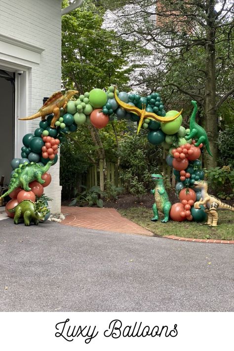 Balloon Gate Decoration Dino Party 1st Birthday, Dinosaur Party Decor Ideas, 3 Rex Balloon Garland, Dinosaur Party Balloon Arch, Dinosaurs Birthday Party Decorations, Cute Dinosaur Party Decorations, Mickey Dinosaur Party, Dinosaur Party Theme Ideas, Dianasore Birthday Theme