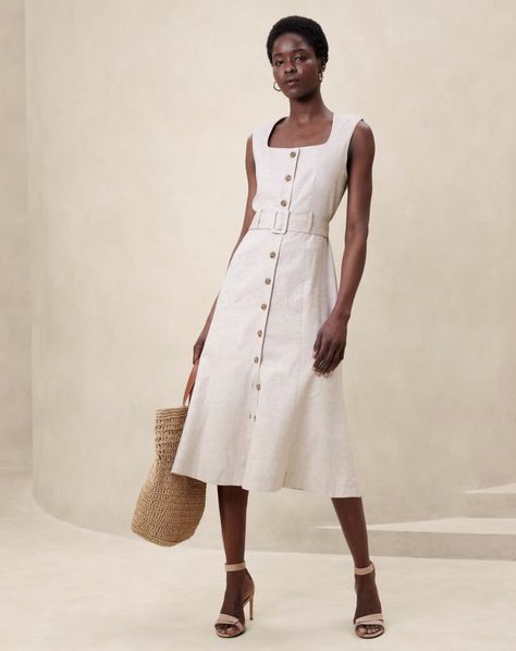 Habitually Chic® » Summer Destination Dressing Couture, Midi Button Down Dress, Summer Work Dress, Linen Dresses Summer, Button Midi Dress, Destination Dress, Chic Romper, White Linen Dresses, Essential Dress