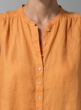 Orange Linen Mandarin Collar A-Line Sleeveless Shirt - Plus Size Skirt Patterns, Mandarin Collar Shirt Women, Collar Dress Pattern, Sleeveless Kurti, Collar Kurti, Office Tops, Vivid Linen, Mandarin Collar Dress, Mandarin Collar Shirt