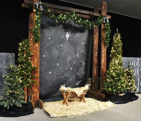 Three Points Vintage | Christmas Boutique | Church Christmas Decor | Church Christmas Stage Pvc Stage Design, Christmas Yard Displays Farmhouse, Christmas Stage Background, Christmas Stage Decorations Backdrops, Christmas Decor For Blank Wall, Church Decor For Christmas, Christmas Stage Decorations Church, Christmas Decoration For Church, Christmas Set Up