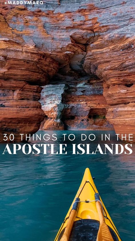 text "best things to do in the apostle islands" over image of sea kayaking the apostle islands sea caves Madeline Island Wisconsin, Apostle Islands Wisconsin, Wisconsin Beaches, Bayfield Wisconsin, Wisconsin Summer, Midwest Vacations, Wisconsin State Parks, Wisconsin Vacation, Exploring Wisconsin